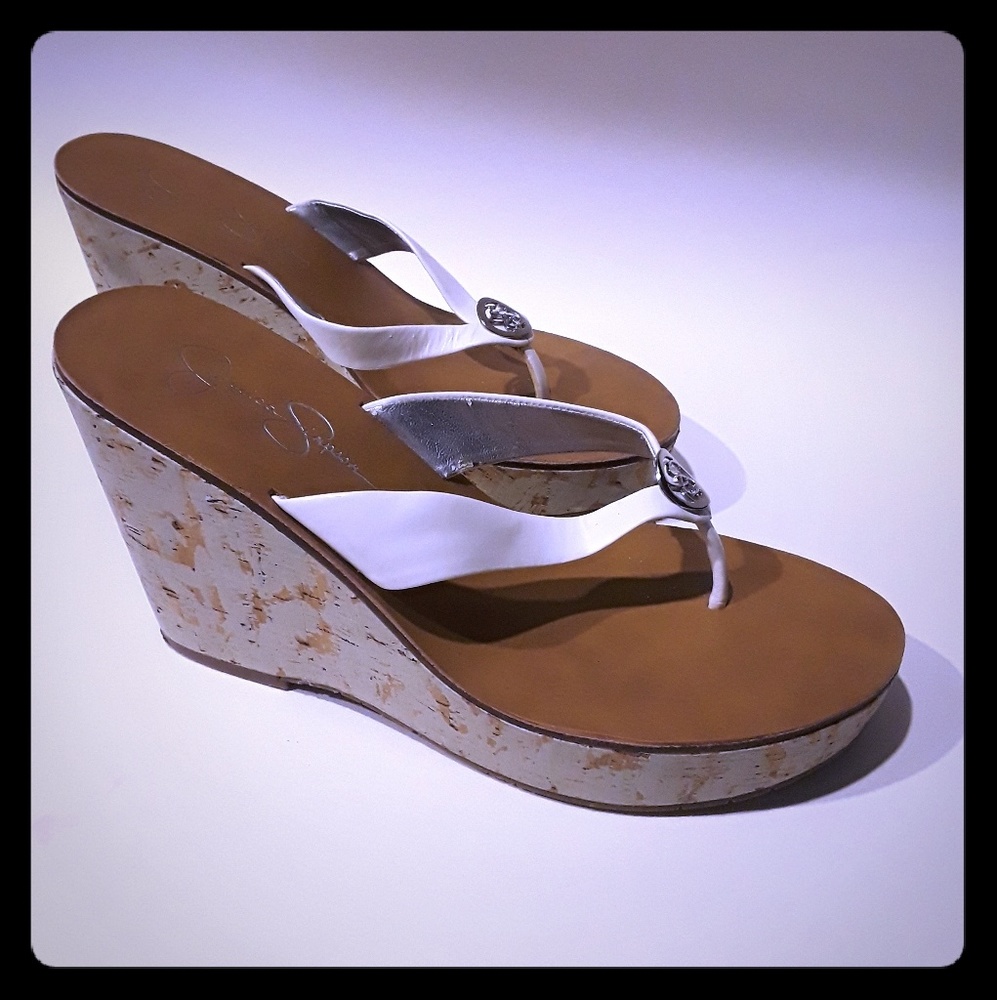 Jessica Simpson 8.5 wedges leather white straps